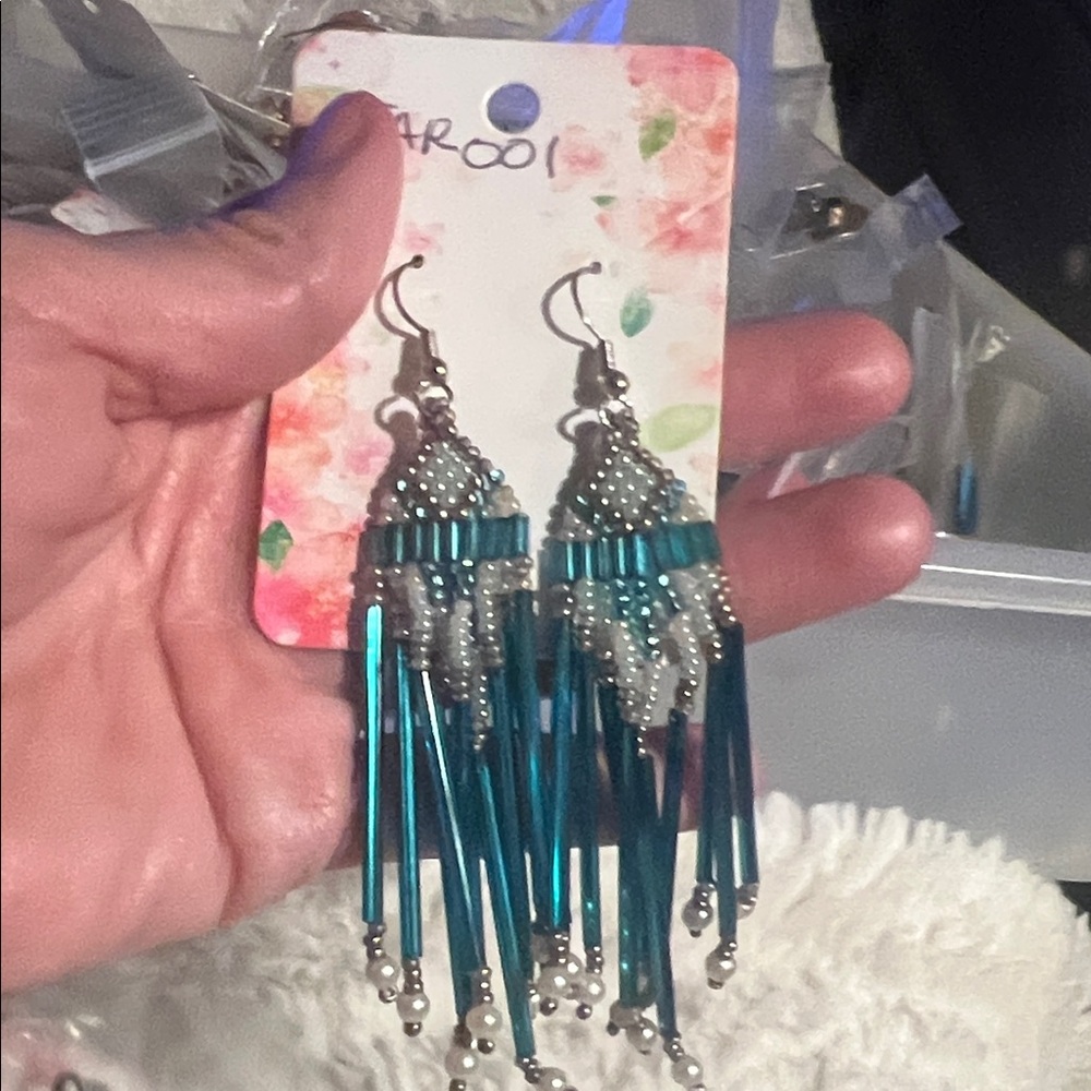 Chic Teal and Silver Beaded Fringe Earrings